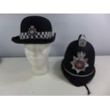 A WEST YORKSHIRE POLICEMANS HELMET AND A W.P.C. WEST YORKSHIRE HAT, SIZE 7 1/8 (2)