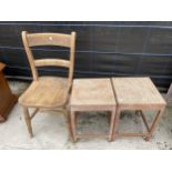 A PAIR OF LIMED OAK TABLES 13" SQUARE AND VICTORIAN KITCHEN CHAIR