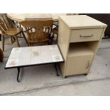 A TILE TOP COFFEE TABLE AND A MODERN BEDSIDE CABINET