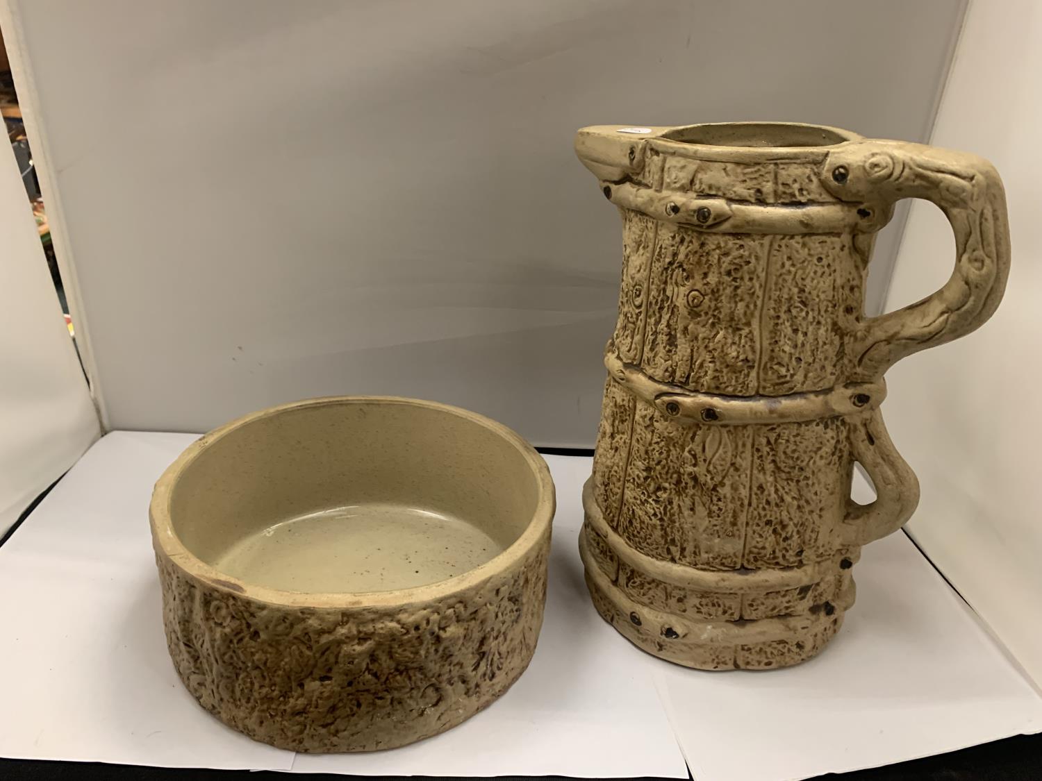 TWO HILLSTONIA STONEWARE ITEMS TO INLCUDE A LARGE JUG, HEIGHT 28CM AND FURTHER BOWL, DIAMETER 22CM