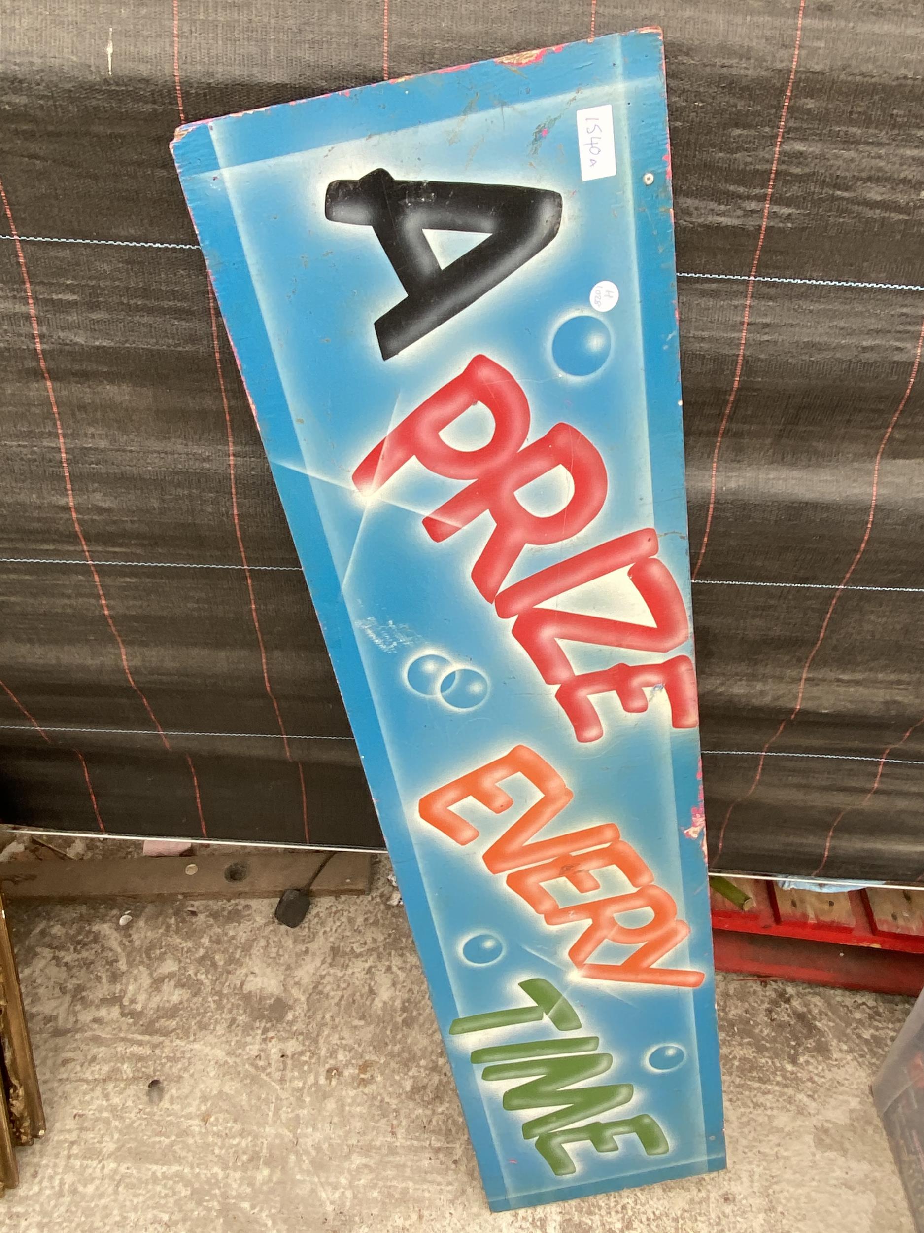 A VINTAGE HAND PAINTED 70'S FAIRGROUND SIGN PRIZE EVERYTIME