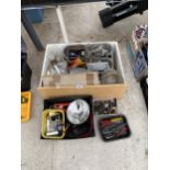 AN ASSORTMENT OF TOOLS AND HARDWARE TO INCLUDE A BRACE DRILL, A VICE AND SCREWS ETC