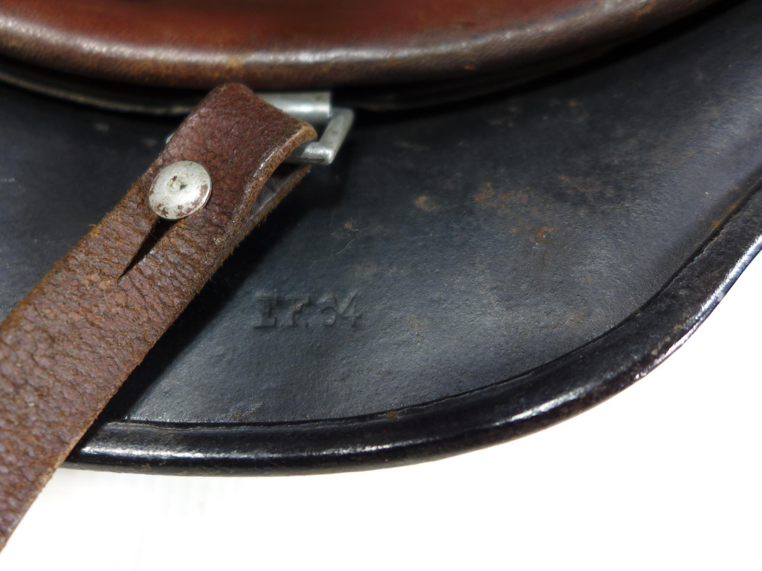 A GERMAN BLACK PAINTED METAL HELMET WITH SS RUNES AND SWASTIKA DECALS - Image 6 of 8