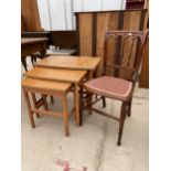 A NEST OF THREE RETRO TEAK SCHREIBER TABLE AND AN EDWARDIAN PARLOUR CHAIR