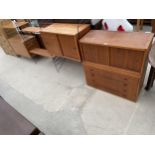 FOUR SECTION RETRO TEAK LADDERAX STYLE WALL UNIT ENCLOSING CUPBOARD AND DRAWERS 128" WIDE IN TOTAL