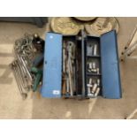 AN ASSORTMENT OF TOOLS TO INCLUDE A TOOL BOX, SPANNERS AND SOCKETS ETC