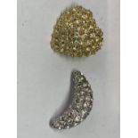 TWO BROOCHES, DIAMANTE ENCRUSTED IN THE FORM OF A YELLOW METAL HEART AND A WHITE METAL CRESCENT MOON