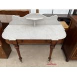 A VICTORIAN MAHOGANY MARBLE TOP WASHSTAND 48" WIDE WITH WHITE P+S PATENT CASTERS