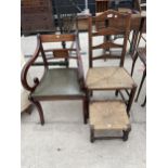 A LANCASHIRE STYLE LADDER BACK RUSH SEATED DINING CHAIR, A RUSH SEATED STOOL AND A REGENCY STYLE