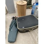 A VINTAGE TRAVEL CASE, A CLOTHES RAIL AND A LAUNDRY BASKET