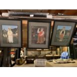 THREE FRAMED PETER HEARD PRINTS OF GOLFING, DARTS AND CRICKET