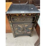 AN ORIENTAL HARDWOOD LAQUERED CABINET WITH FLORAL AND BUTTERFLY DECORATION 16" WIDE