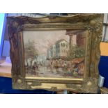 A GILT FRAMED OIL ON CANVAS OF A PARISIAN SCENE WITH INDISTINCT SIGNATURE 19CM X 24XM