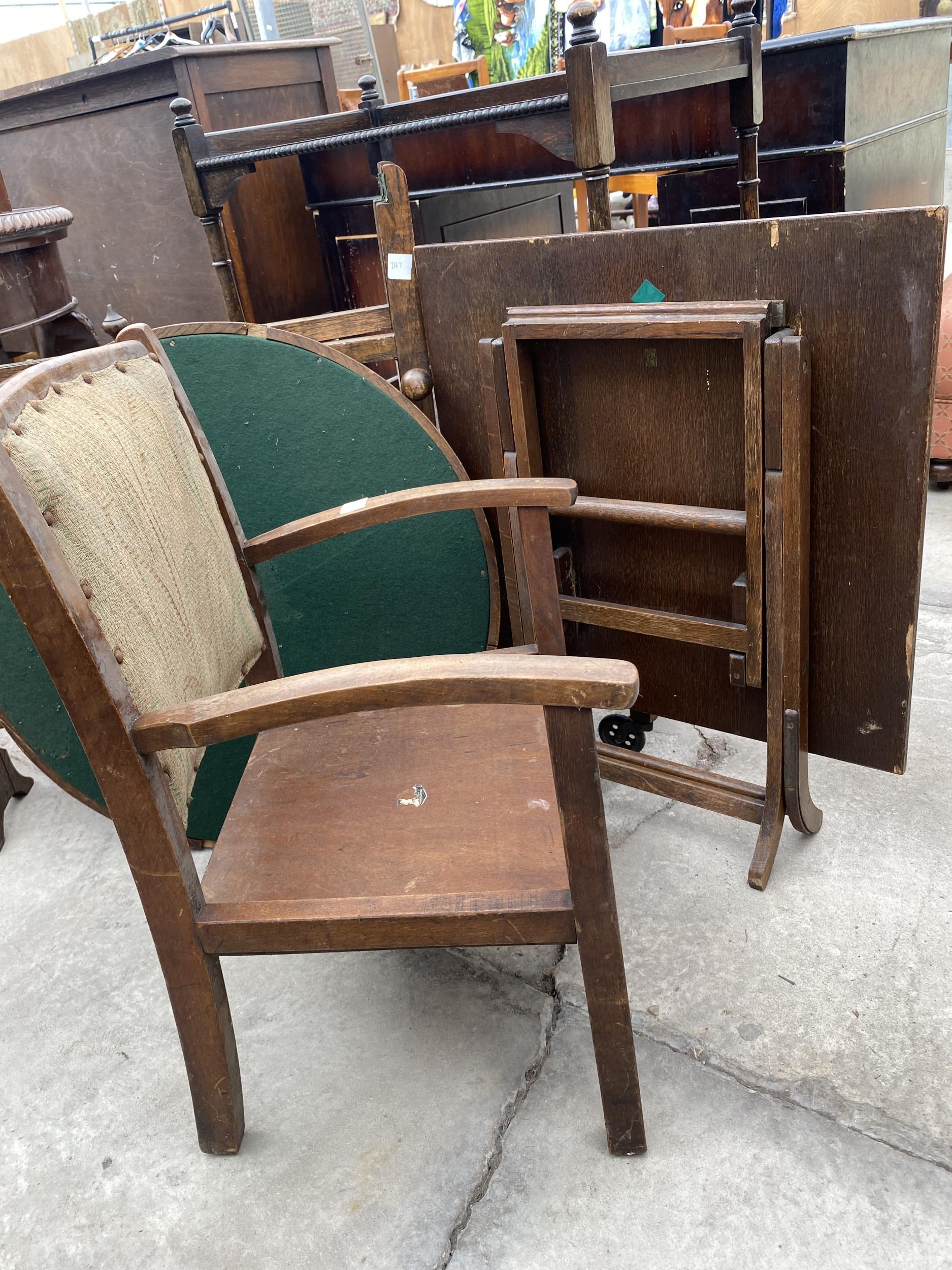 A 'REVERTABLE' PATENT CARD TABLE, FOLDING OCCASSION TABLE, OAK TEA TROLLEY AND LOW CHILDS CHAIR - Image 5 of 6