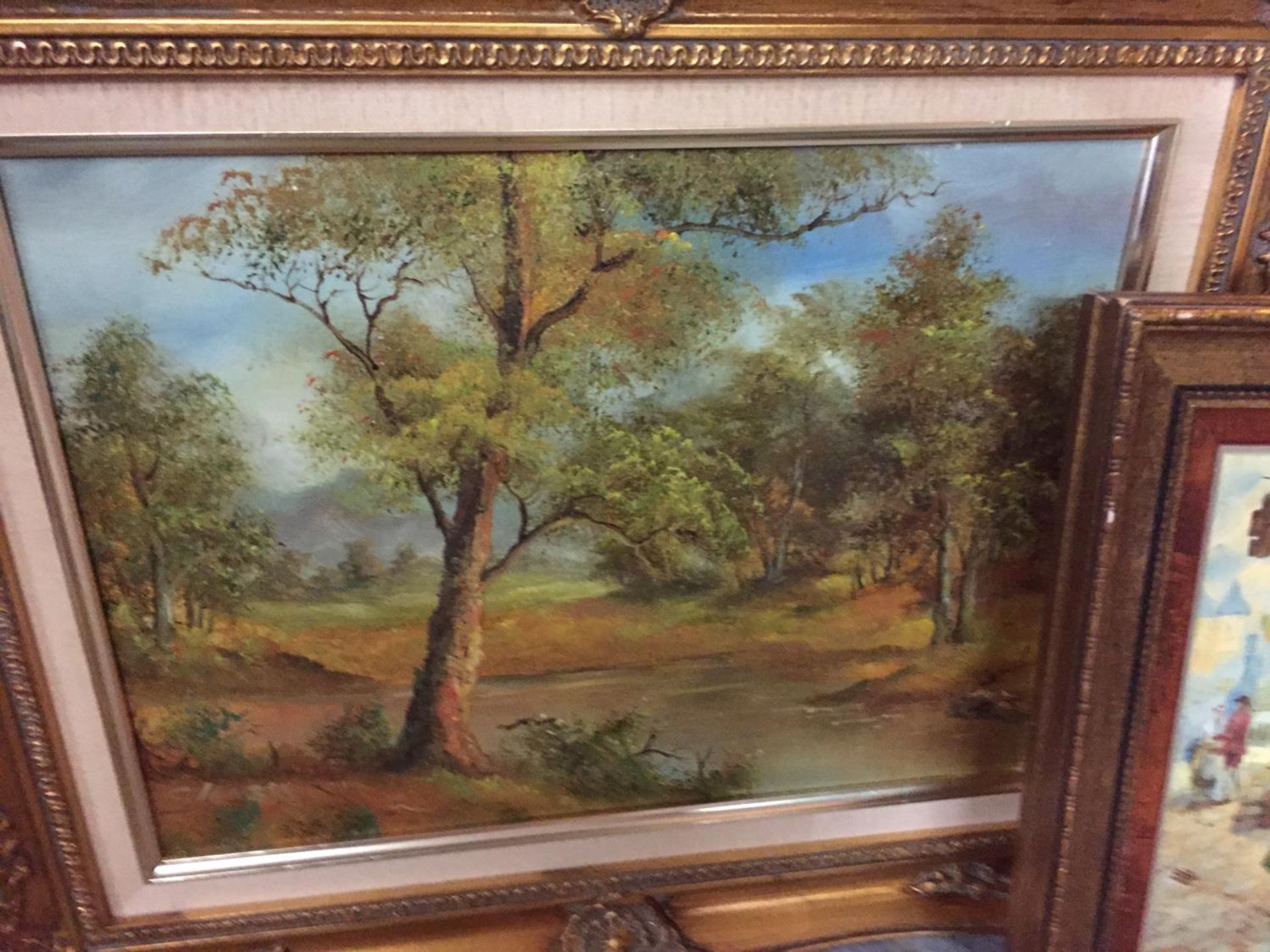 THREE GILT FRAMED PAINTINGS OF LANDSCAPE AND TOWN SCENES - Image 8 of 10
