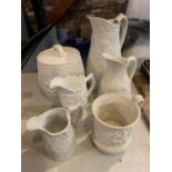 SIX ITEMS OF CERAMICS TO INCLUDE A PORTMERION LARGE AND SMALL JUG