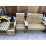 A WOODEN GARDEN FURNITURE SET TO INCLUDE A TWO SEATER BENCH, A CHAIR, A PLANTER AND A SIDE TABLE