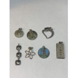 SEVEN SILVER PENDANTS TO INCLUDE ST CHRISTOPHERS, FLOWER DESIGN, HEART AND INGOT ETC