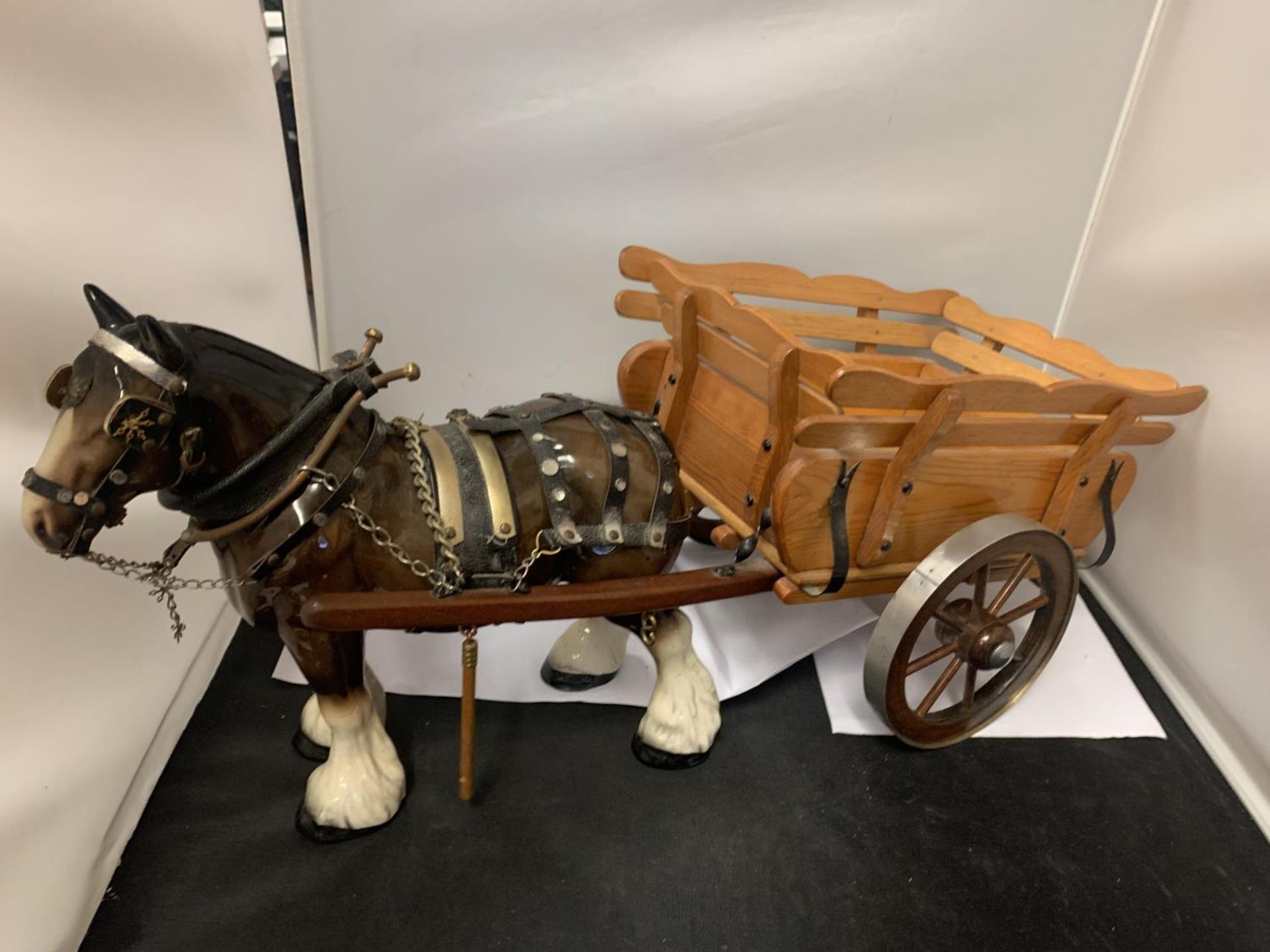 A LARGE MELBA HORSE AND WOODEN CART