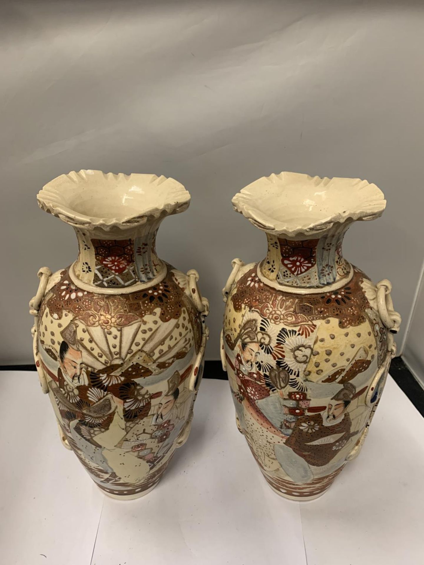 TWO HIGHLY DECORATIVE SATSUMA STYLE ORIENTAL VASES, HEIGHT 32CM, NUMBER '31' TO BASE