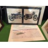 TWO MOUNTED PRINTS OF MOTORCYCLES BY A W GRAHAM