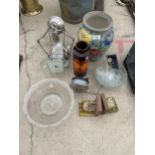 AN ASSORTMENT OF ITEMS TO INCLUDE VASES, BOOK ENDS AND GLASS BOWLS ETC