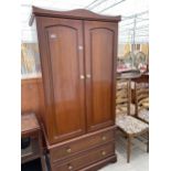 A MODERN MAHOGANY EFFECT TWO DOOR WARDROBE HAVING TWO DRAWERS TO THE BASE, 36"WIDE