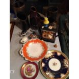 VARIOUS CERAMICS TO INCLUDE PLATES, STONEWARE VASES, A NOVELTY TEAPOT ETC