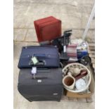 AN ASSORTMENT OF HOUSEHOLD CLEARANCE ITEMS TO INCLUDE SUITCASES, WALKING AIDS AND CERAMICS ETC