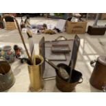 AN ASSORTMENT OF ITEMS TO INCLUDE A SET OF BELOWS, A COAL BUCKET AND A STICK STAND ETC