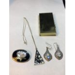 TWO MEXICAN ALPACA SILVER ITEMS TO INCLUDE A PENDANT ON A CHAIN AND A BROOCHPLUS A PAIR OF