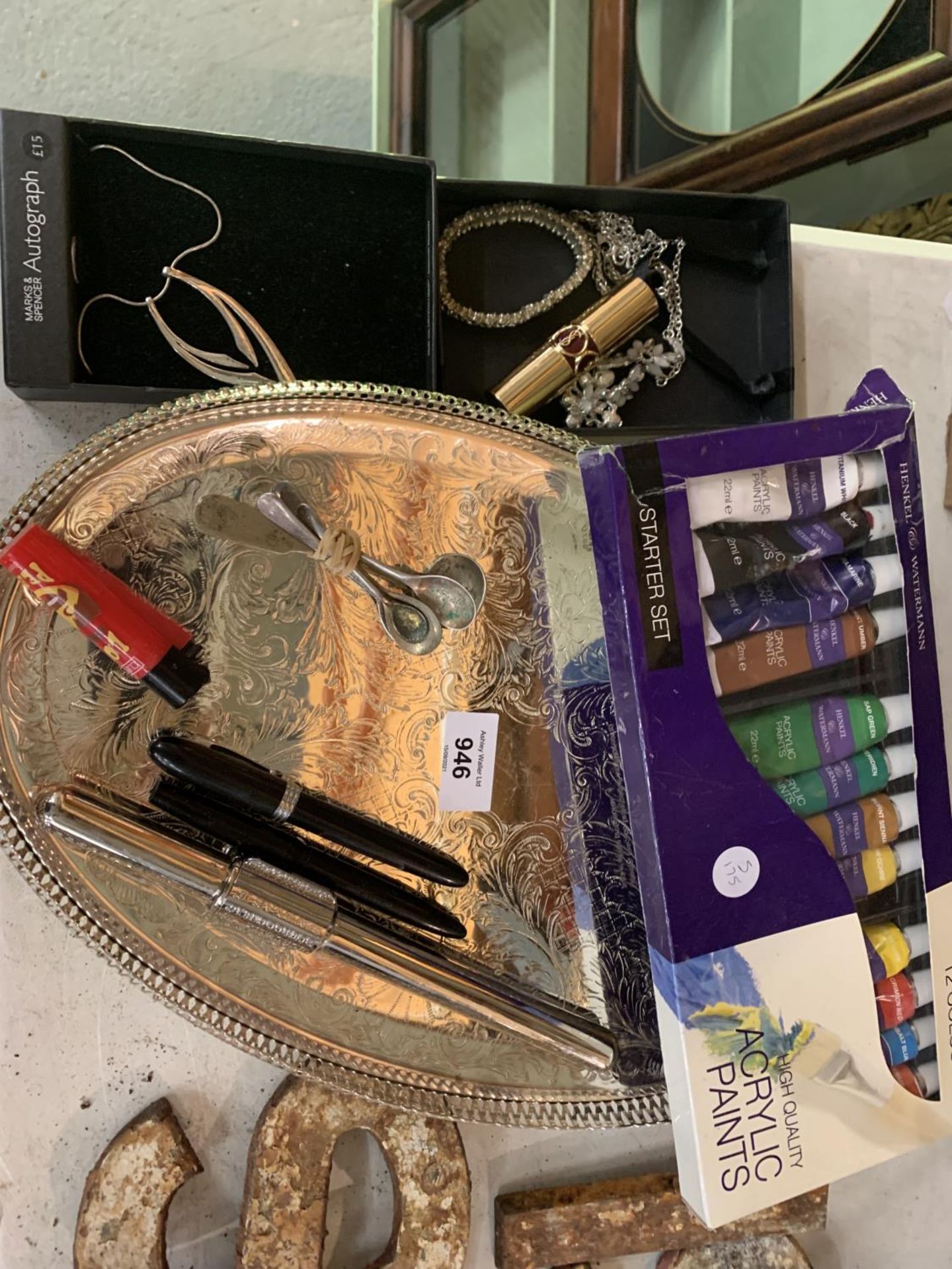 A SILVER PLATED TRAY, OIL PAINTS , TWO FOUNTAIN PENS, NECKLACE ETC