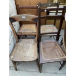 A VICTORIAN ELM KITCHEN CHAIR AND 3 VARIOUS CANE SEATED BEDROOM CHAIRS