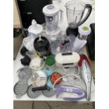 AN ASSORTMENT OF ITEMS TO INCLUDE FOOD PROCESSORS, IRONS AND VACUUMS ETC