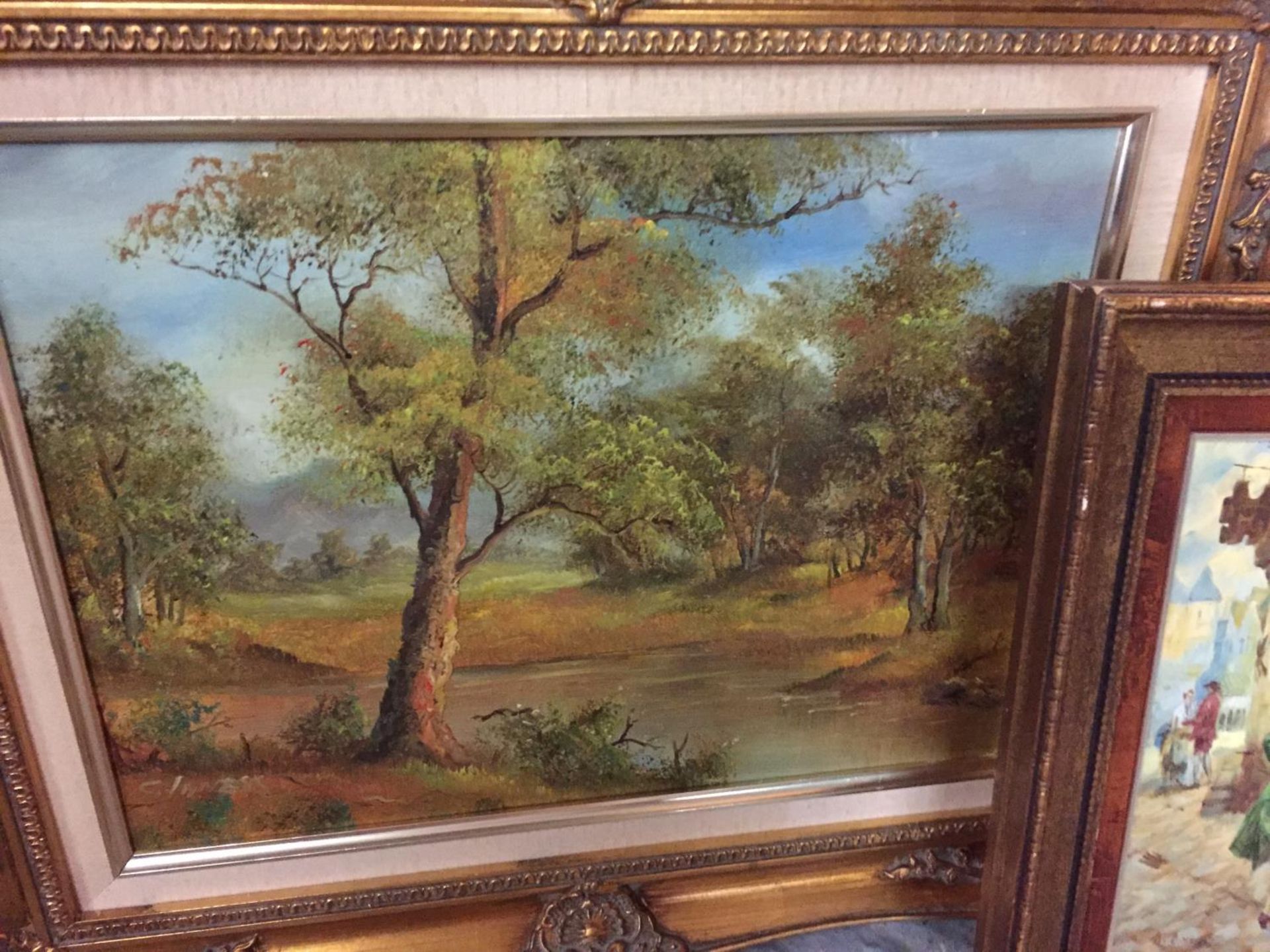 THREE GILT FRAMED PAINTINGS OF LANDSCAPE AND TOWN SCENES - Image 6 of 10