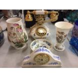 FOUR ITEMS OF AYNSLEY CHINA TO INCLUDE A CLOCK, TELEPHONE, DISH AND VASE ALONG WITH A PORTMEIRON