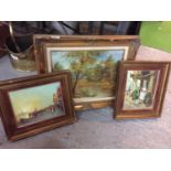 THREE GILT FRAMED PAINTINGS OF LANDSCAPE AND TOWN SCENES