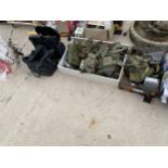 AN ASSORTMENT OF ITEMS TO INCLUDE ARMY GEAR, FOOTBALL AUTOGRAPHS AND BOWLING BALLS ETC