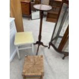 A MAHOGANY PLANT STAND ON TRIPOD BASE AND TWO STOOLS