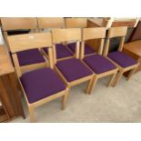A SEET OF SEVEN GEOMETRIC FURNITURE DINING CHAIRS WITH PURPLE SEATS
