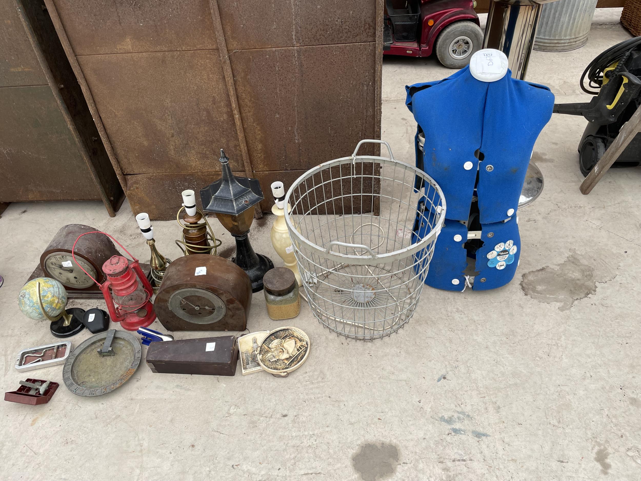 AN ASSORTMENT OF ITEMS TO INCLUDE A DRESS MAKERS MANEQUIN, CLOCKS AND LAMPS ETC