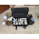 AN ASSORTMENT OF ITEMS TO INCLUDE A SUITCASE, CAST IRON COULDRON AND CERAMIC FIGURES ETC