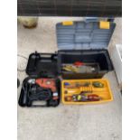 AN ASSORTMENT OF TOOLS TO INCLUDE PLIERS, A TOOL BOX AND A BLACK AND DECKER DRILL ETC
