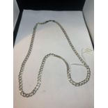 A HEAVY FLAT LINK SILVER CHAIN 30 INCHES LONG