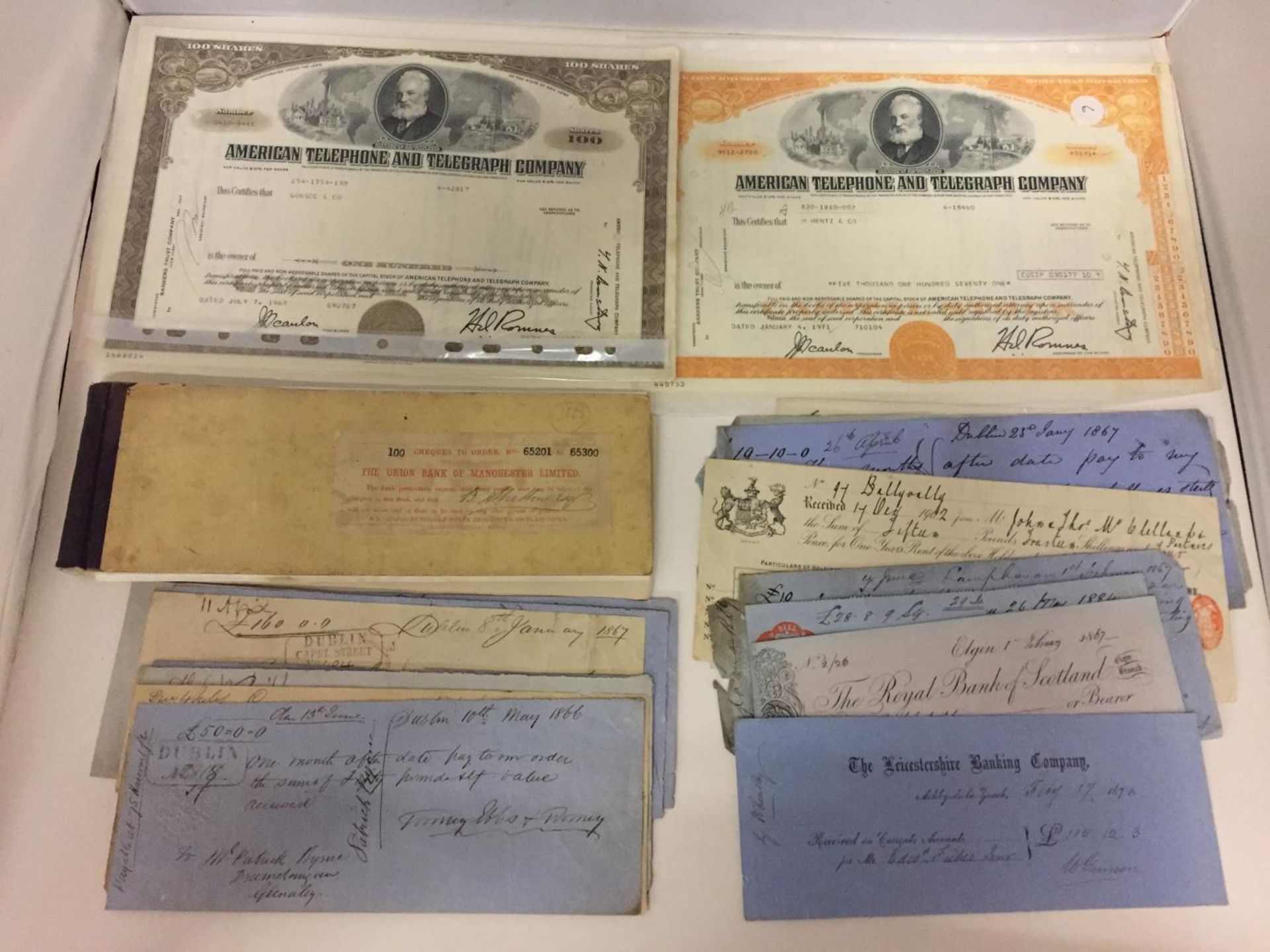 A QUANTITY OF BANKERS DRAUGHTS, CHEQUE STUBS 1860'S - 1910 AND TWO SHARE CERIFICATES NEW YORK 1969 - Image 2 of 12