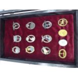 A GLAZED DISPLAY CASE CONTAINING THIRTEEN NAZI GERMAN WAR BADGES TO INCLUDE WOUND AND SEA SERVICE,