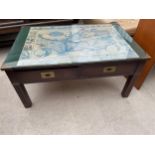 A MODERN COFFEE TABLE 36" X 24" WITH GLASS TOP COVERING ANTIQUE STYLE WORLD MAP WITH TWO DRAWERS
