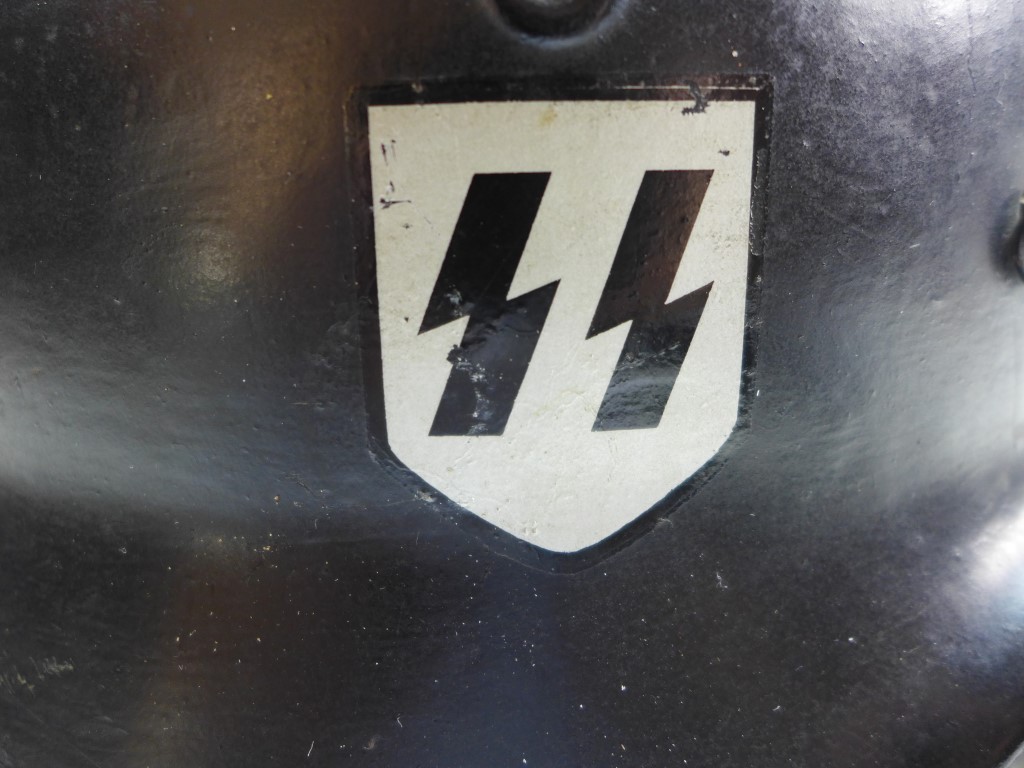 A GERMAN BLACK PAINTED METAL HELMET WITH SS RUNES AND SWASTIKA DECALS - Image 7 of 8