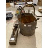 A VINTAGE COPPER COAL BUCKET, A LARGE VINTAGE WOOD PLANE AND FIRE SIDE COMPANION ITEMS