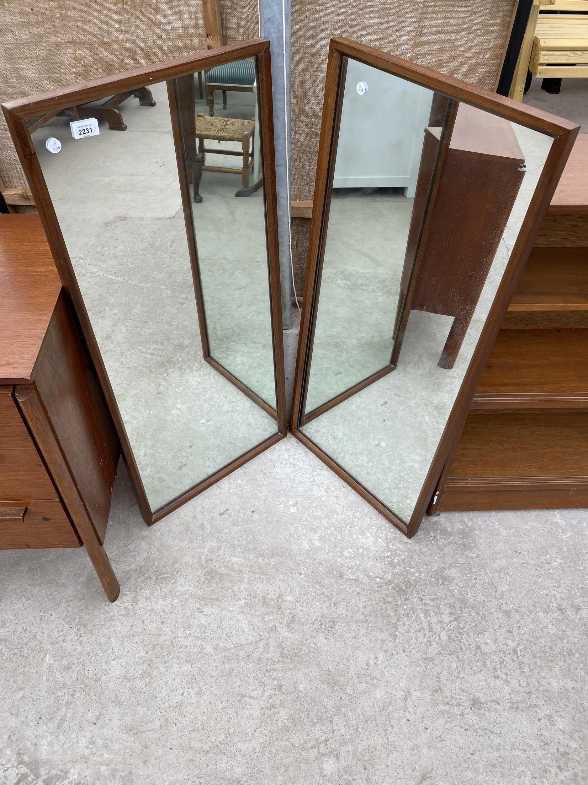 TWO RETRO TEAK FRAMED WALL MIRRORS 17"X38"